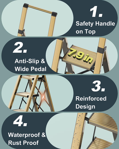 COROCO 6 Step Ladder for 12 Feet High Ceiling, Folding Step Stool with Handgrip and Anti-Slip Wide Pedal, Portable Aluminum Stepladder for Kitchen, Home (300 lbs Capacity) - Gold