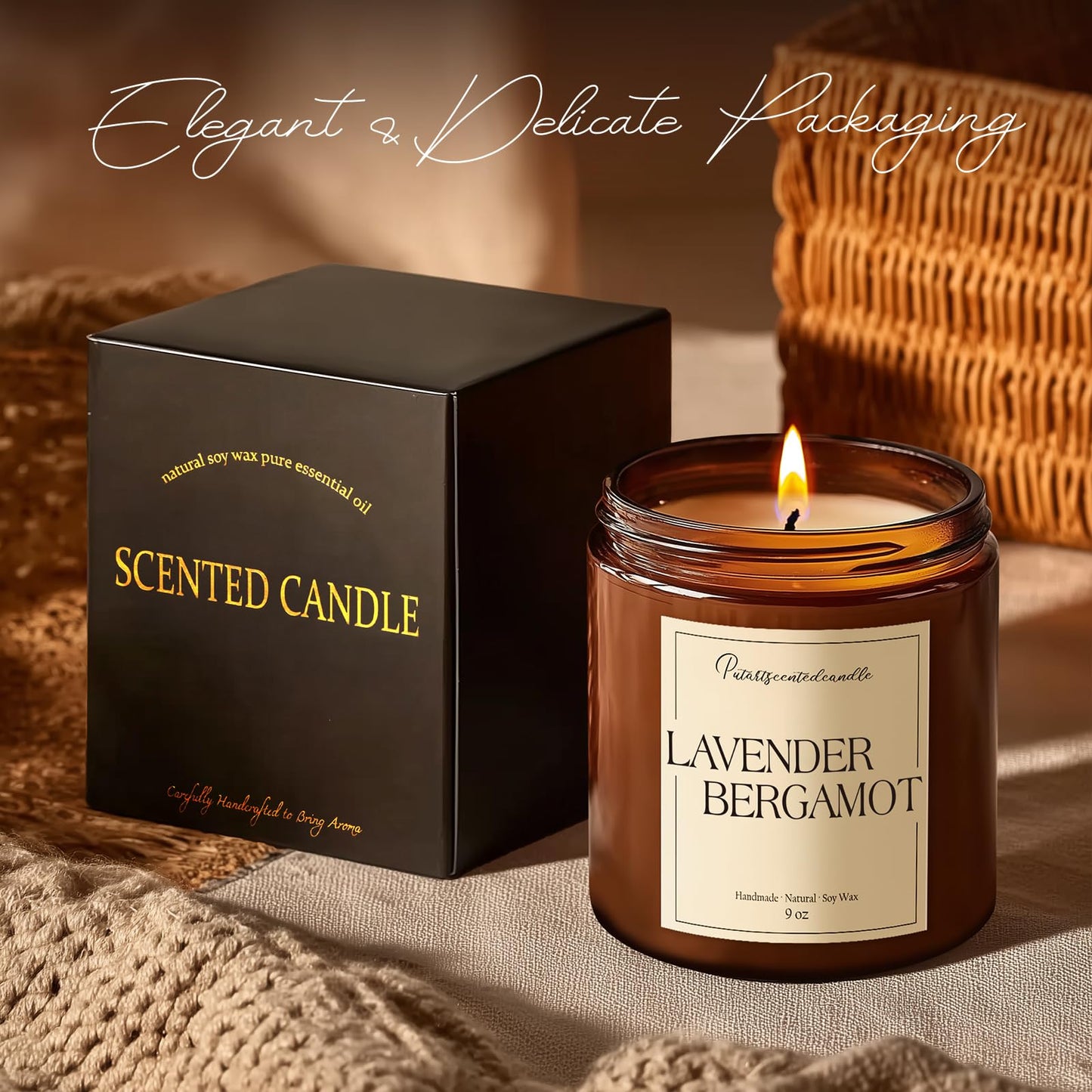 Putart Lavender & Bergamot Scented Candles for Home, Natural Soy Wax Aromatherapy Non Toxic Candle Gifts for Women Men, Home Fragrance Decoration Glass Jar Candle for Meditation and Relaxation (9oz