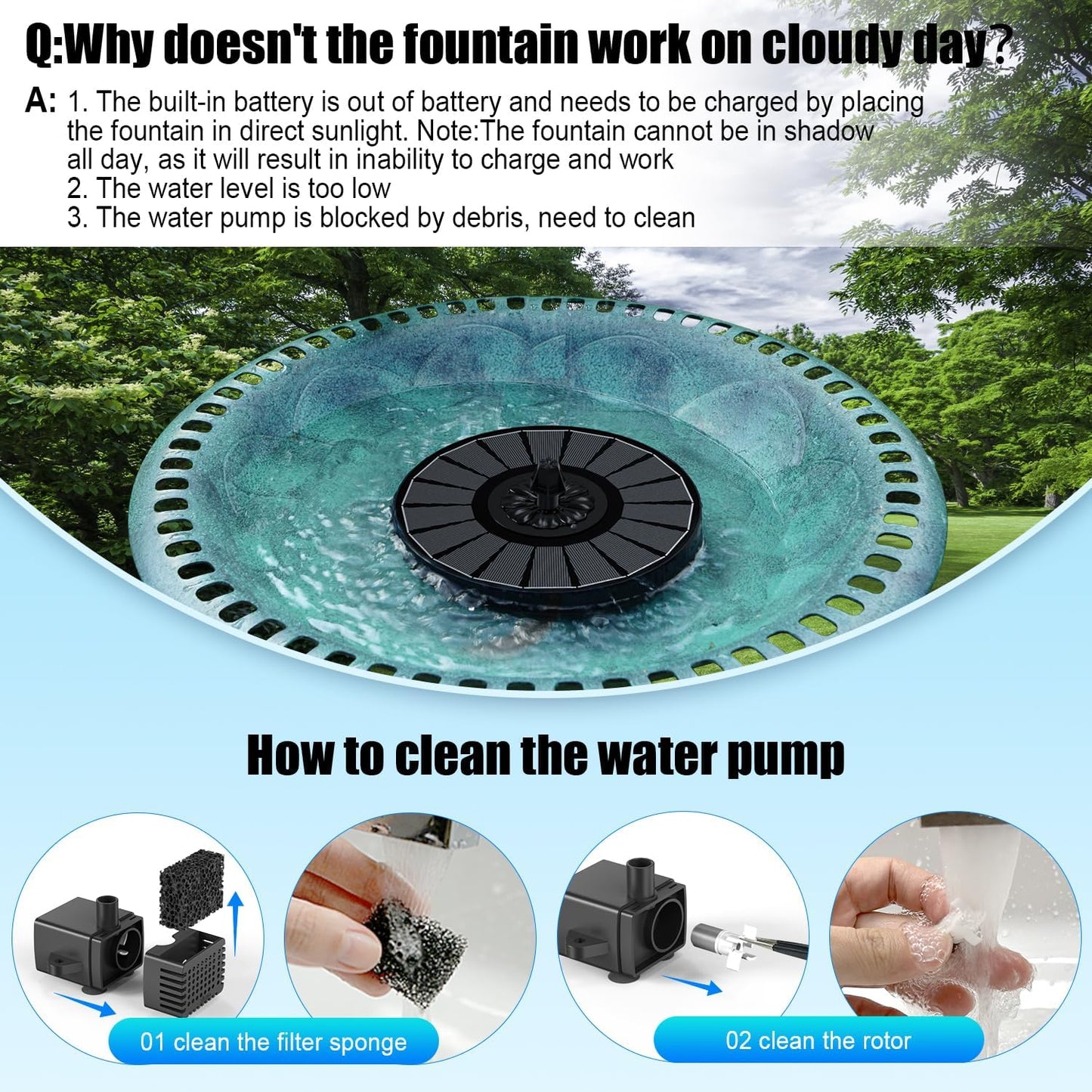 SZMP Solar Fountain - Efficient Outdoor Bird Bath Fountain with 2000mAh Battery | Black Panel
