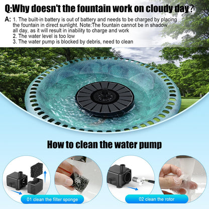 SZMP Solar Fountain - Efficient Outdoor Bird Bath Fountain with 2000mAh Battery | Black Panel