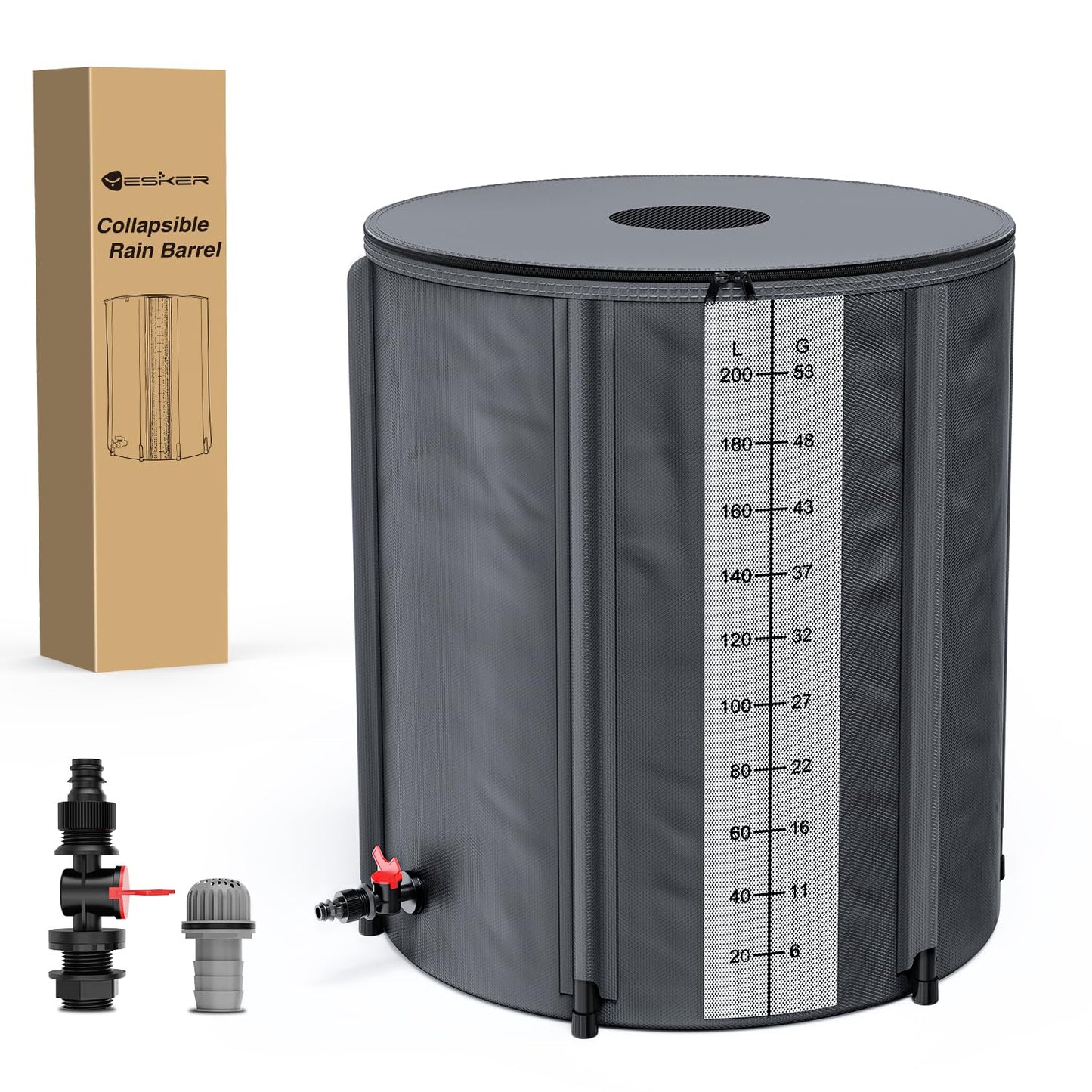 Yesker Collapsible Rain Barrel, 132 Gallon Portable Rainwater Collection System, 550D PVC Water Storage Tank, Rain Catcher with Spigots Filter Overflow Kit, Grey