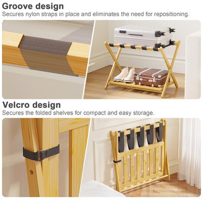 BAMBOOHOMIE Full Assembled Luggage Rack Set of 2, Bamboo Luggage Holder Rack for Guest Room, 26.77" L Folding Suitcase Stand with 5 Nylon Straps & Storage Shelf for Bedroom Hotel (2 Pack - Natural)