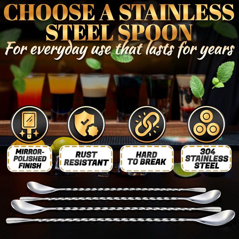 4 Pcs Bar Spoon Cocktail Mixing – Stirs Deep Glasses All the Way to the Bottom, Even Mixing & Easy Drink Layering – 12'' Long Balanced Stainless Steel Cocktail Stirrers for Drinks with Twisted Handle