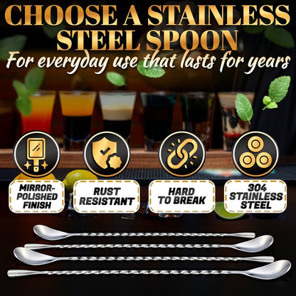 4 Pcs Bar Spoon Cocktail Mixing – Stirs Deep Glasses All the Way to the Bottom, Even Mixing & Easy Drink Layering – 12'' Long Balanced Stainless Steel Cocktail Stirrers for Drinks with Twisted Handle