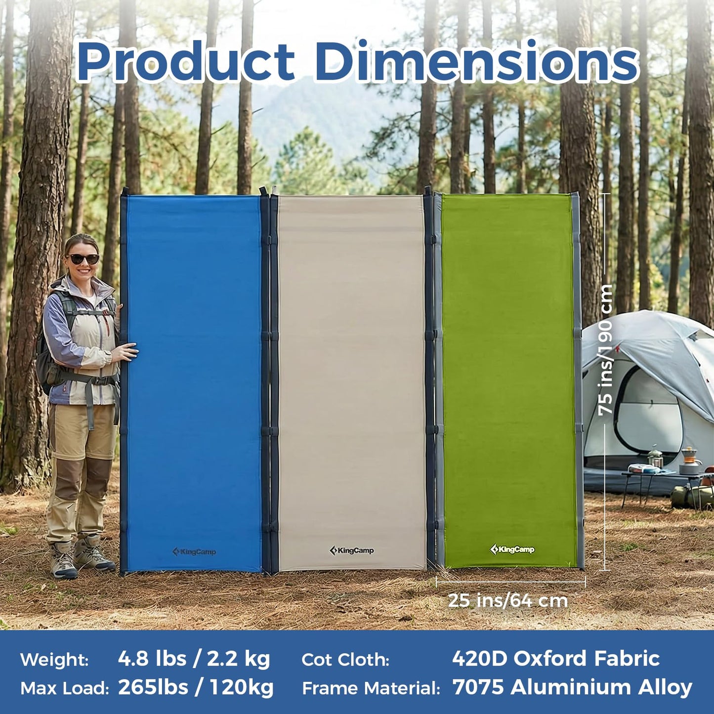 KingCamp Ultralight Camping Cot, Portable Folding Sleeping Cot for Adults, 265 Lbs Heavy Duty Compact Bed for Outdoor Backpacking Travel Hiking, Extra Wide 75 x 25 Inches, Blue Black