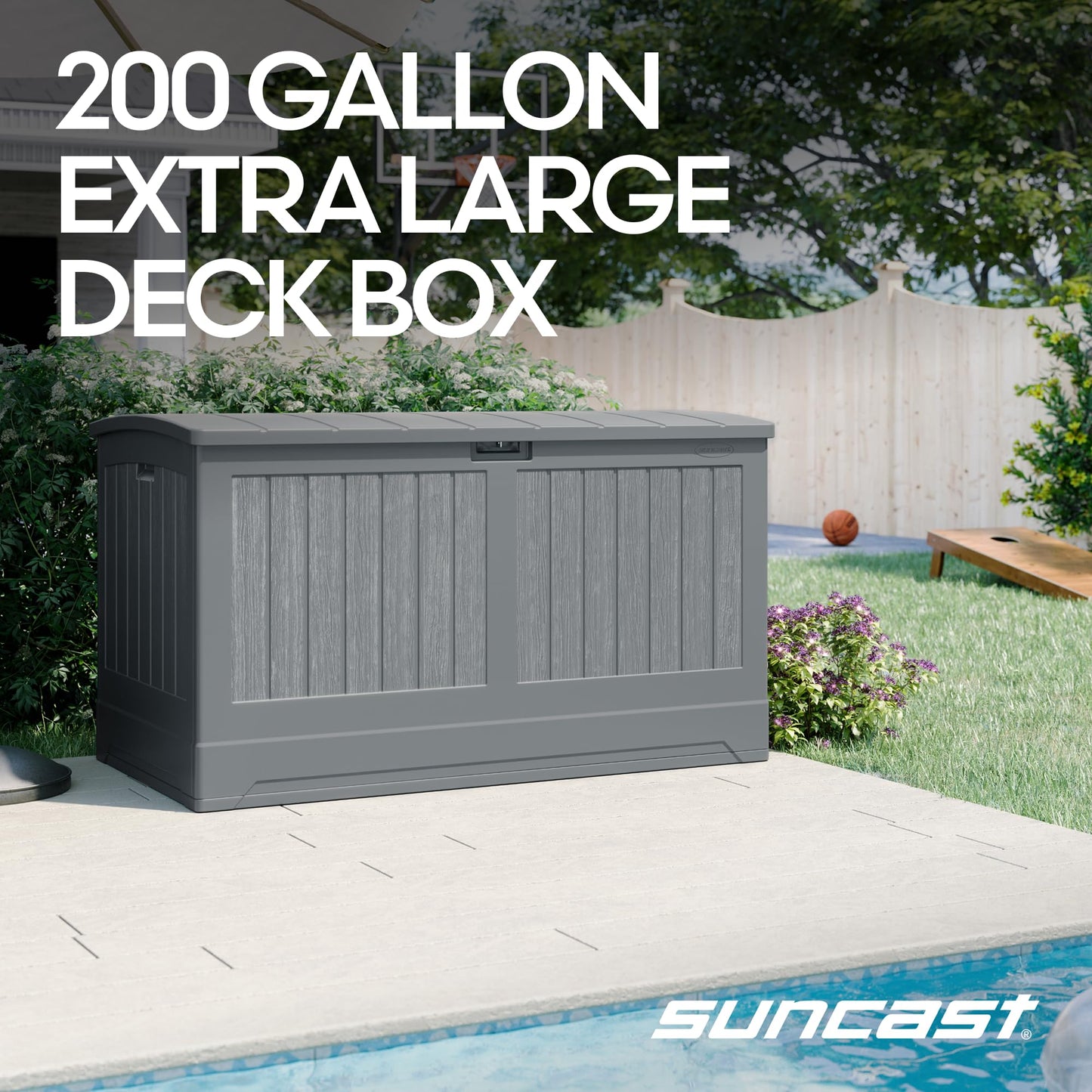 Suncast 200-gal. All-Weather Patio Deck Box, Made in the USA, with Pad-Lockable Lid, Extra-Large Outdoor Storage Unit for Patio Furniture and Grill Tools, Dove Gray Color