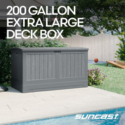 Suncast 200-gal. All-Weather Patio Deck Box, Made in the USA, with Pad-Lockable Lid, Extra-Large Outdoor Storage Unit for Patio Furniture and Grill Tools, Dove Gray Color