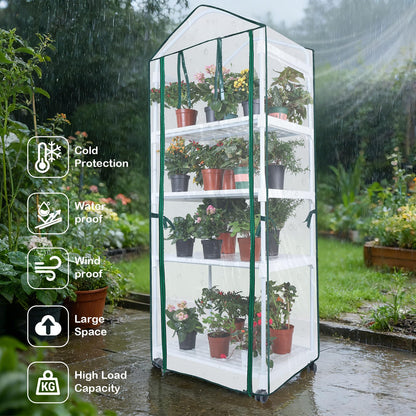 Mini Indoor Greenhouse, 4-Tier Portable Plant Greenhouse Cabinet with Wheels, Waterproof PVC Tent Cover for Indoor Outdoor Seed Starting, Plants, Flowers (Clear, 4 Tier)