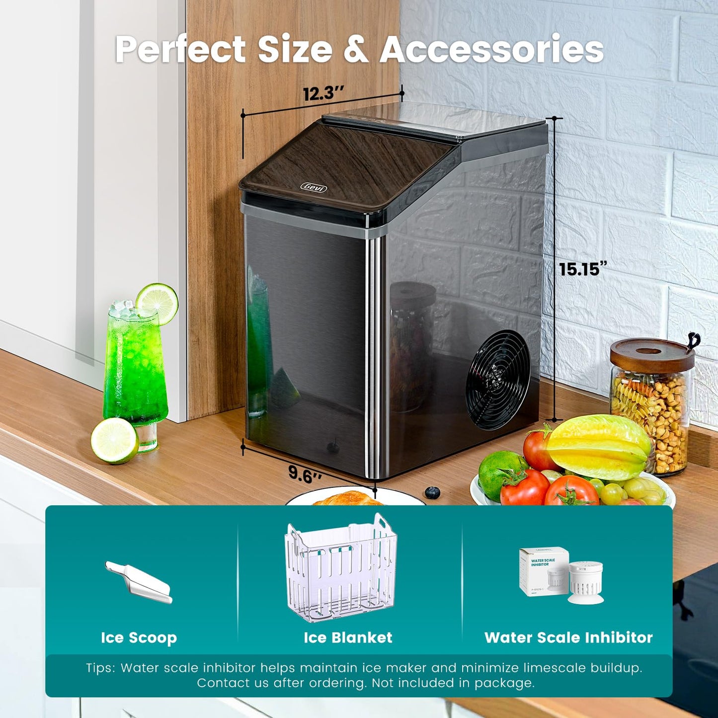 Gevi KNOVA Nugget Ice Maker Countertop, Fast 40lbs/24H Self-Cleaning Portable Sonic Pebble Ice Machine, Stainless Steel Sonic Ice Maker for Home Kitchen, Office,Gray
