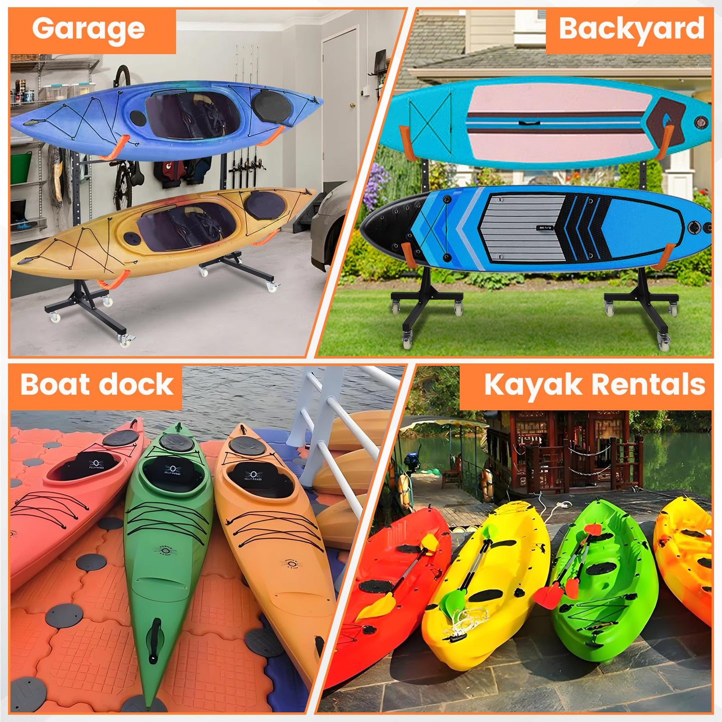 Neorexon Freestanding Kayak Storage Rack, Adjustable Kayak Racks Outdoor with 4 Lockable Wheels, Kayak Stands Heavy Duty Storage for Kayaks, Canoes, SUP and Surfboards - 2 Kayaks