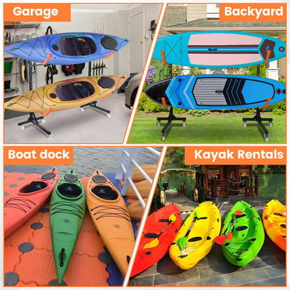 Neorexon Freestanding Kayak Storage Rack, Adjustable Kayak Racks Outdoor with 4 Lockable Wheels, Kayak Stands Heavy Duty Storage for Kayaks, Canoes, SUP and Surfboards - 2 Kayaks