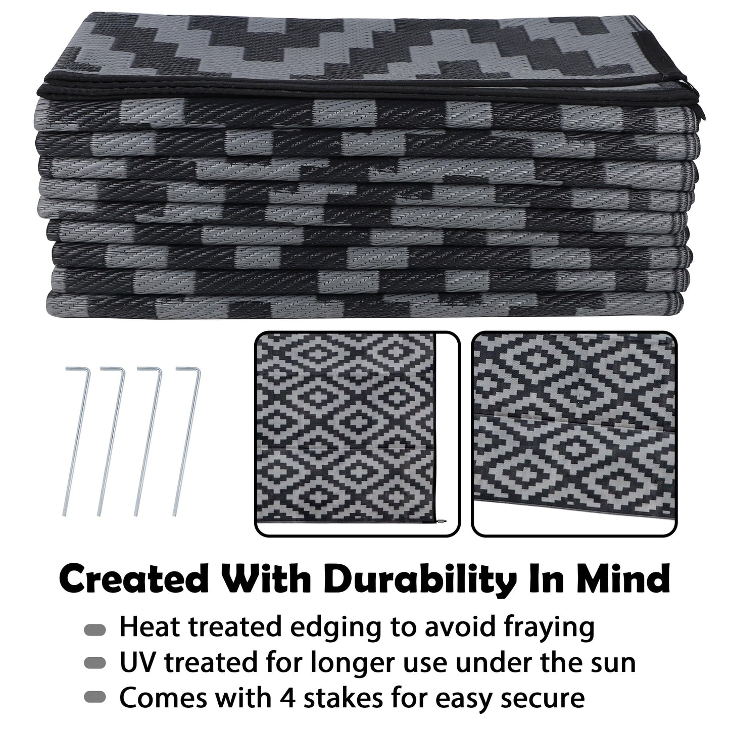 SAND MINE Waterproof Outdoor Rug 10x20 ft, Plastic Reversible Rug, Modern Area Rug, Large Floor Mat for Outdoors, RV, Patio, Backyard, Deck, Picnic, Beach, Camping, Black & Grey