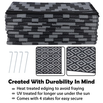 SAND MINE Waterproof Outdoor Rug 10x20 ft, Plastic Reversible Rug, Modern Area Rug, Large Floor Mat for Outdoors, RV, Patio, Backyard, Deck, Picnic, Beach, Camping, Black & Grey
