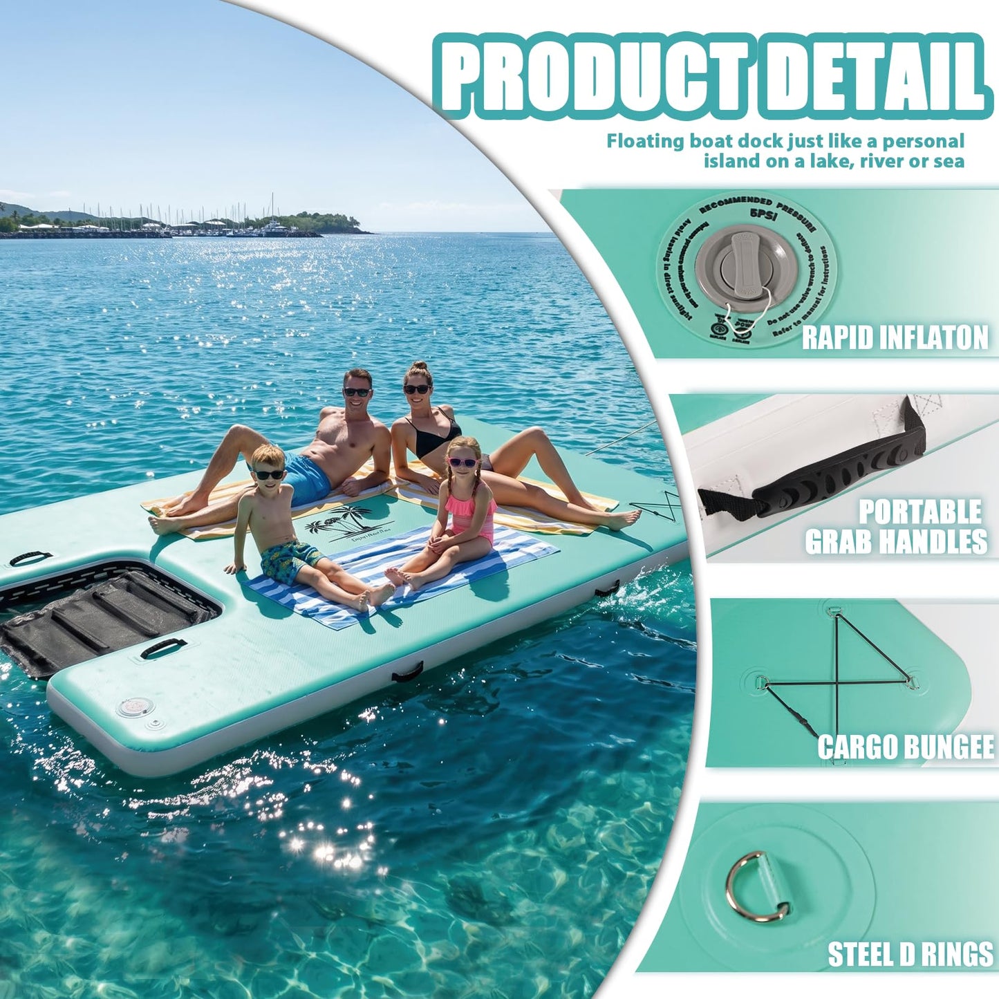 JUSTOOP Inflatable Floating Dock with Water Ramp, Floating Island Raft for Dogs and Adults, Inflatable Dog Float, Multi-Person Air Dock Platform for Lakes, Pools, and Oceans, 5 * 6FT, Teal
