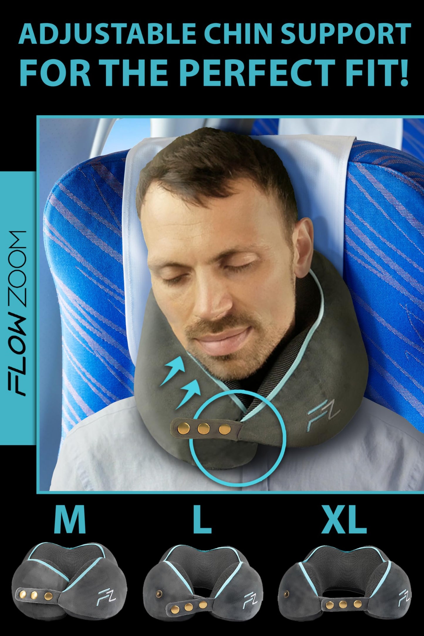 FLOWZOOM Memory Foam Travel Pillow for Airplanes & Car Rides – Adjustable Airplane Pillow with 360° Chin and Neck Support for Comfy Naps, Extra-Soft Washable Neck Pillow Cover, Squeezy Mesh Bag – Grey