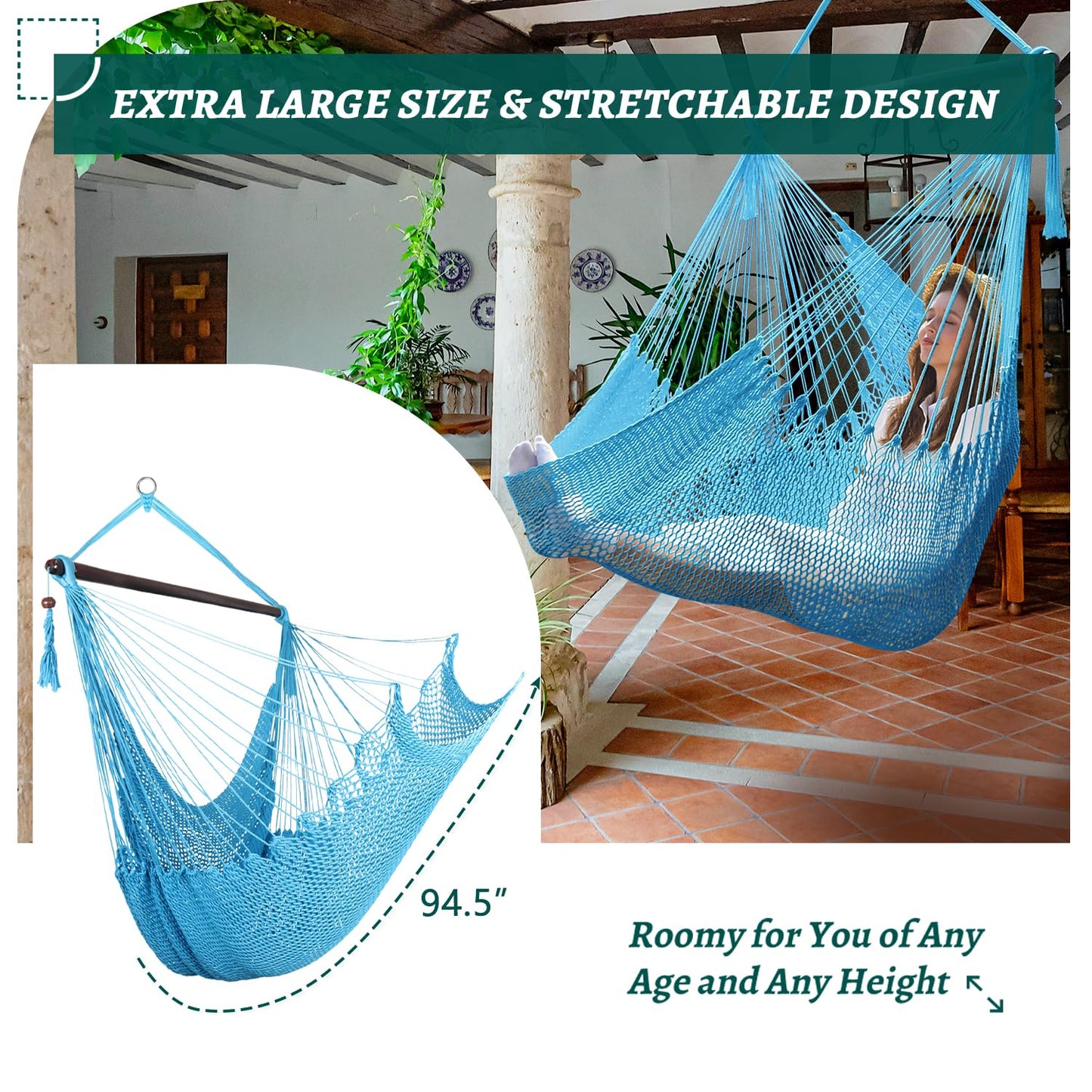 Bathonly Large Hammock Chair with Spreader Bar, Caribbean Hammock Swing Chair with Stand, XL Hammock Chair Outdoor Indoor, 330 LBS Weight Capacity