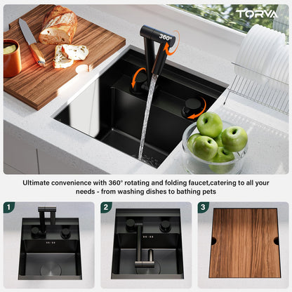 TORVA RV Kitchen Sink, 13 x 15 x 9 Inch Undermount Bar Sink Premium Stainless Steel Single Bowl Sink with Faucet,Cutting Board, Dark Grey