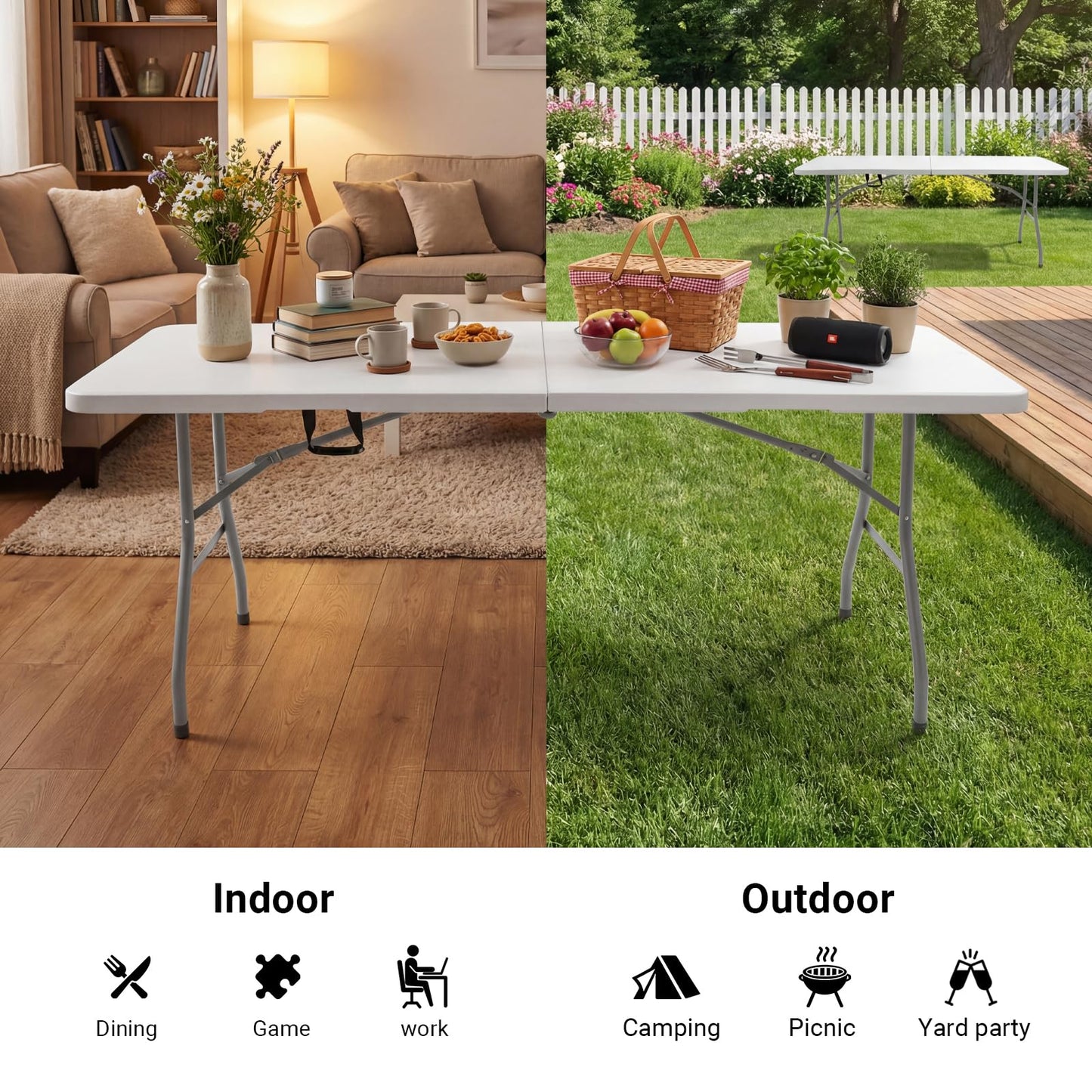 Byliable Folding Table 6ft, Heavy Duty Portable Plastic Fold-in-Half Utility Table with Carrying Handle for Indoor Outdoor, Camping Picnic Party, White