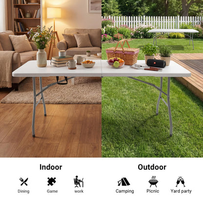 Byliable Folding Table 6ft, Heavy Duty Portable Plastic Fold-in-Half Utility Table with Carrying Handle for Indoor Outdoor, Camping Picnic Party, White