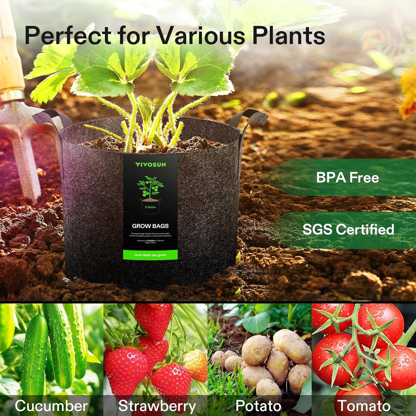 VIVOSUN 20-Pack Heavy Duty 5 Gallon Grow Bags - Thickened Nonwoven Fabric Pots with Handles | Black