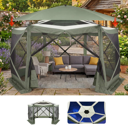 GarveeHome 13x13FT Pop Up Gazebo Screen Tent, 6-Sided Canopy with Starry Sky Top, 210D Oxford Water-Proof Instant Shelter with Mosquito Netting for Backyard Camping, Green & Gray