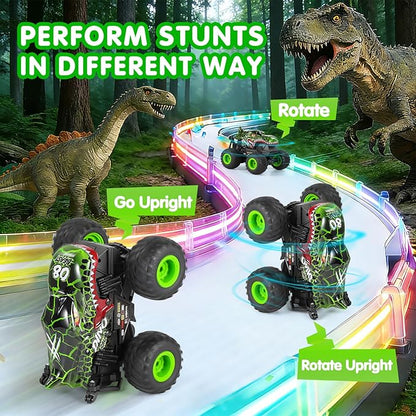 DYODYORC Remote Control Car 2.4Ghz All Terrain Dinosaur Monster Truck Toys RC Truck with Music 3 Lighting Effects 360 Stunt Capable 2 Batteries Ready to Run Toy Gifts for Boys and Girls (Green)