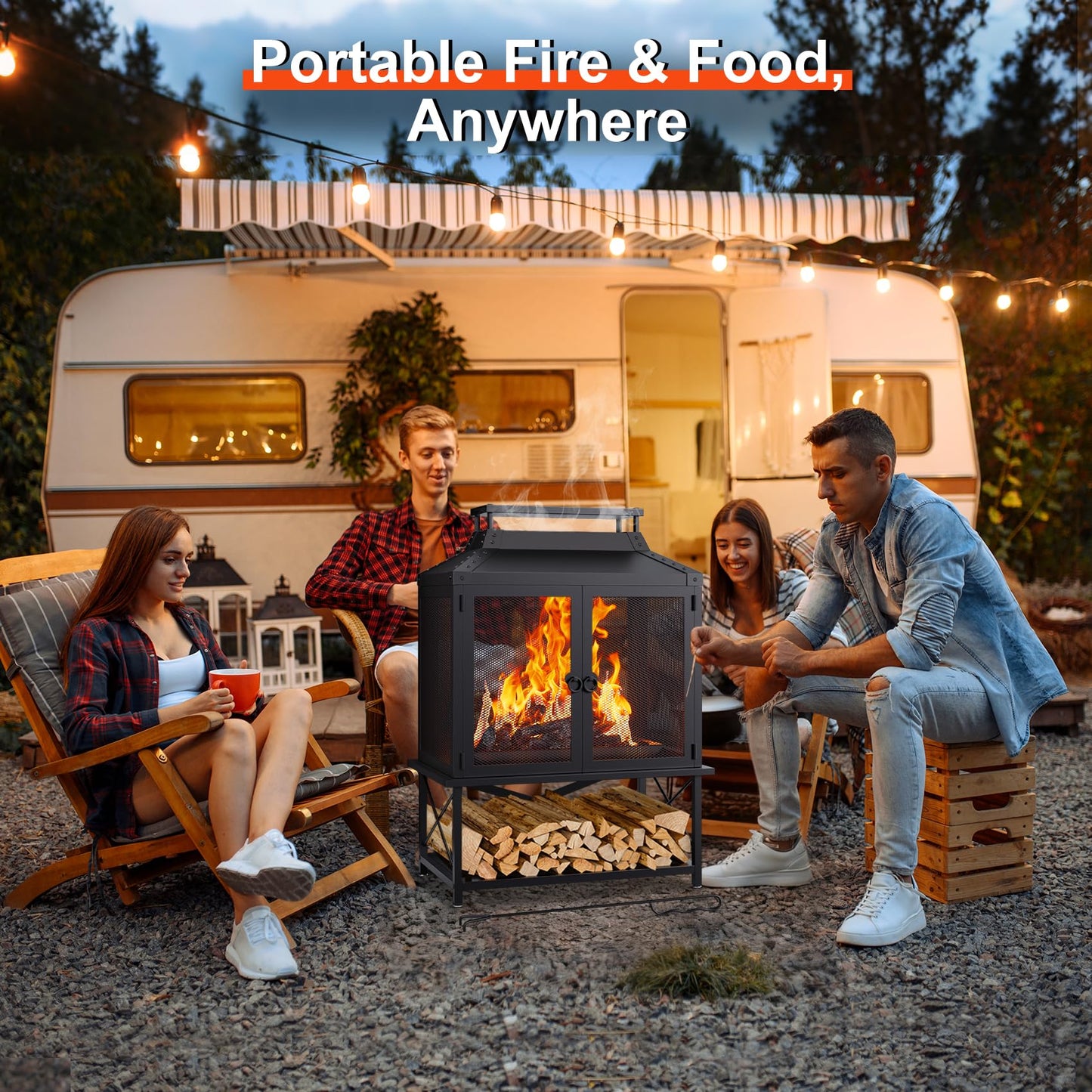 VELUVIA Metal Outdoor Fireplace for Patio - 39" H Square Chiminea Fire Pits Outside Wood Burning with Grill, Mesh Spark Screen & Fire Poker, for Garden, Backyard, Party, Camping, Picnic, BBQ, Bonfire
