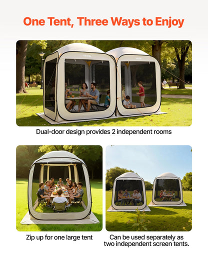 VEVOR Pop up Screen House Tent, 12 x 6 ft, 2 in 1 Screen Gazebo, Portable Screened in Canopy with Carry Bag, Netting Sides, Ground Stakes, for Garden, Patio, Backyard, and Outdoor Activities, Beige