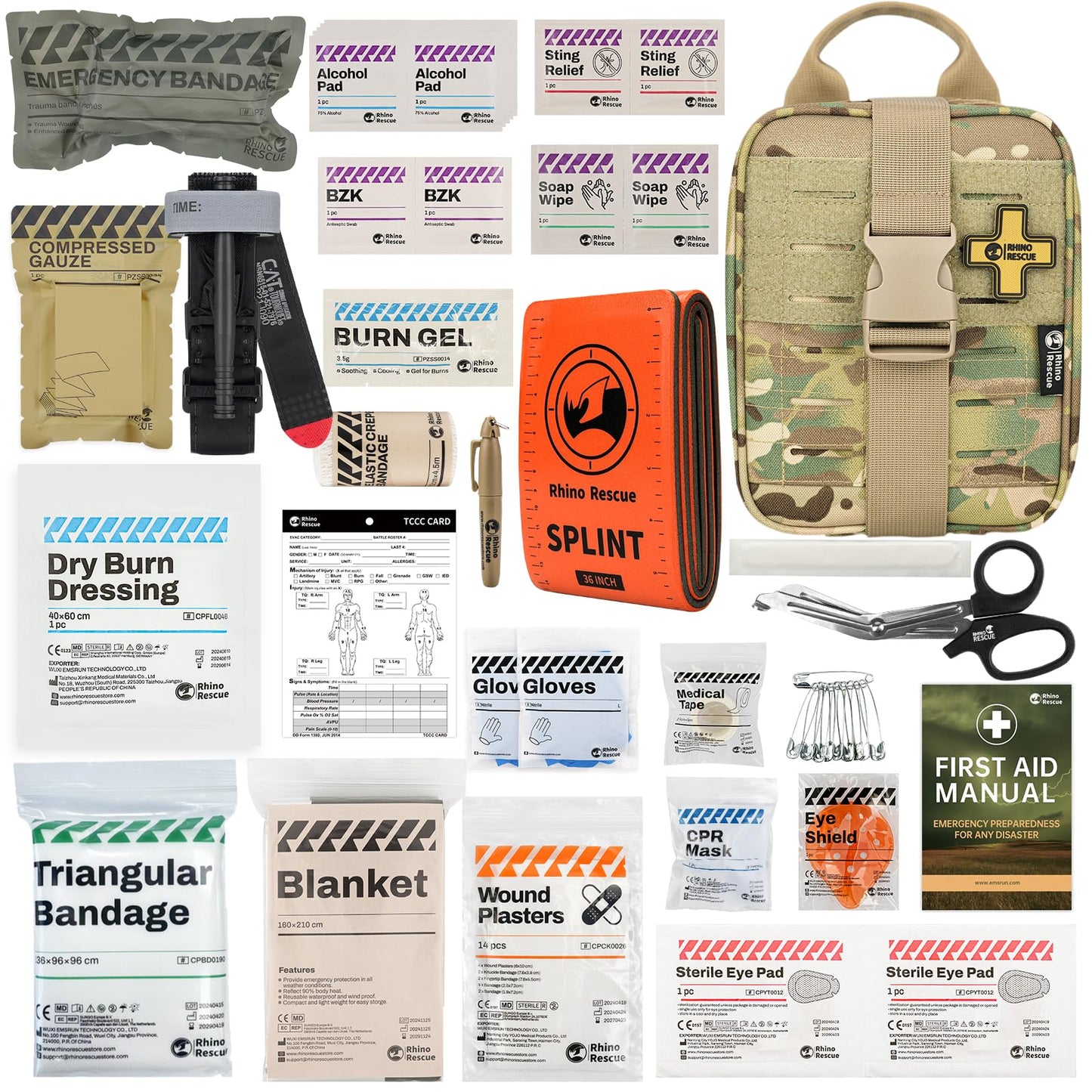 RHINO RESCUE IFAK Trauma Kit with C-A-T Tourniquet for Wound Care, Tactical First Aid Kit Molle Pouch for Military, Combat, Car, Camping, Hiking, Travel(Camouflage)