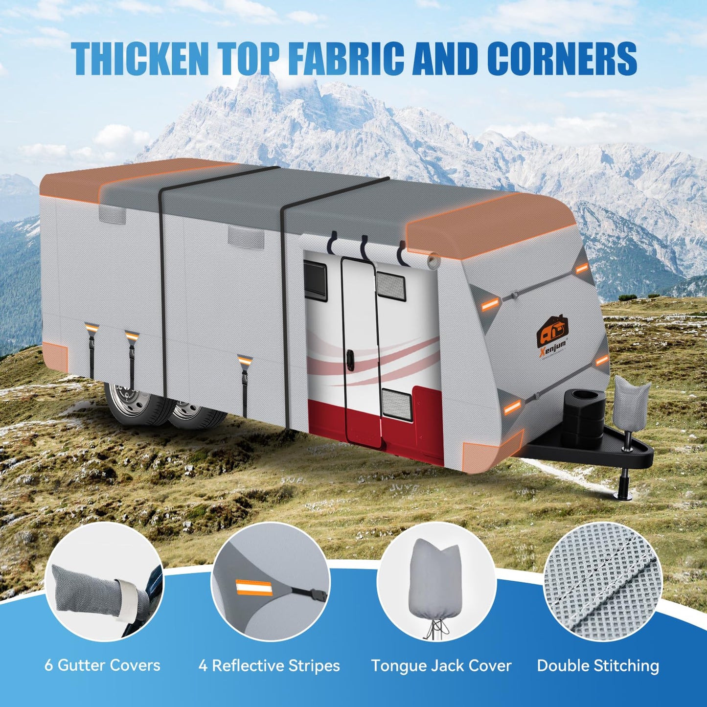 Xenjum RV Cover for 27-30 ft Travel Trailers, 7 Layers Heavy Duty Camper Cover, Weatherproof & UV Resistant Motorhome Trailer Cover with Gutter & Tongue Jack Covers