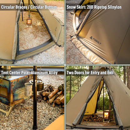 POMOLY Tipi Tent Camping Hot Tent, Circle 2 Portable Pyramid Wood Stove Tents for 2 Person Hiking, Hunting, Backpacking (Circular Braces)