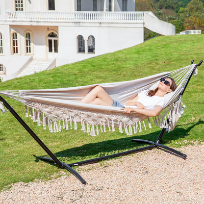 PNAEUT Handmade Tassel Hammocks, Double Hammock with Stand for Outside, Max 450 lbs Capacity, Pillow & Storage Bag Included (Beige)