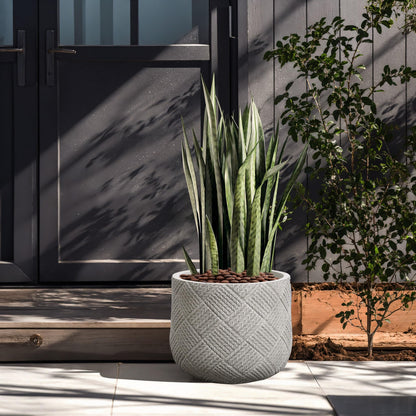 LuxenHome 14-Inch Dia Round Concrete Planters, Large Outdoor Indoor Decorative Plant Pots with Drainage Holes and Rubber Plug, Modern Gray Glen Woven Pattern Flower Pot Planters for Home Garden Patio