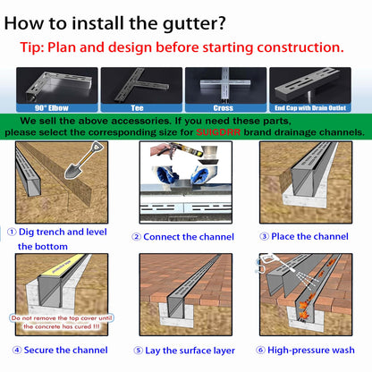 304 Stainless Steel Trench Drain Kit,Narrow Channel Drain with Grate & Coupling, Outdoor Drainage for Pool Deck/Yard/Driveway/Garage (19.6FT-2IN X 1.2IN)
