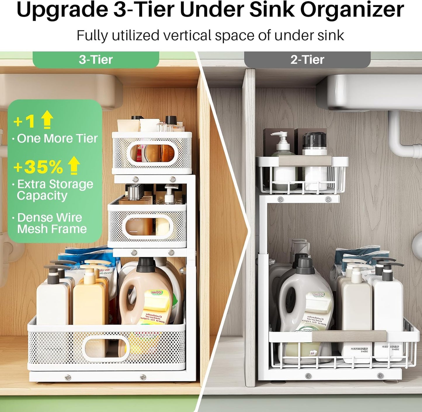 Kitstorack Under Sink Organizer - 2-Pack Adjustable Metal Cabinet Shelf | Slide-Out Storage for Kitchen & Bathroom