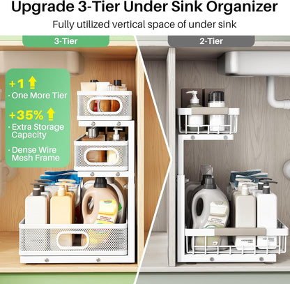Kitstorack Under Sink Organizer - 2-Pack Adjustable Metal Cabinet Shelf | Slide-Out Storage for Kitchen & Bathroom