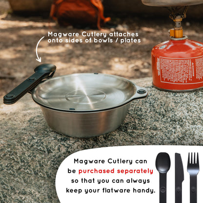 Full Windsor Magware, 35-Pcs Stainless Steel Camping Mess Kit, Magnetic Flatware Plates, Cups, Bowls, Cutlery & Utensils