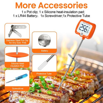 Deep Fry Thermometer - Digital Candy/Candle/Meat Thermometer with Rotatable Large Display, 10'' Long Probe, Programmable Instant Read for Oil Cooking (Orange)