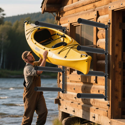 FitiRoker Heavy-Duty Kayak Wall Rack – Multi-Level Adjustable Storage for Multiple Kayaks, Rubber Sleeves, Height Customization, 200 lbs Per Level (4-Tier Rack)