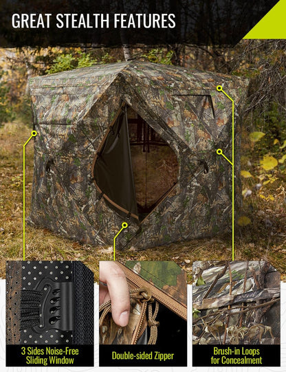 TIDEWE Hunting Blind 270°See Through with Carrying Bag for Turkey Hunting, Pop Up Ground Blinds, Portable Resilient Hunting Tent (2-3 Person)