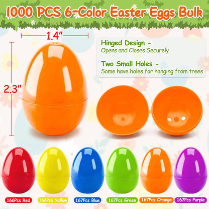 kortes 1000pcs Plastic Easter Eggs, 6 Colors 2.3" Empty Fillable Eggs Bulk for Easter Basket Stuffers Easter Eggs Hunts Party Favors, Classroom Prize Supplies (1000)