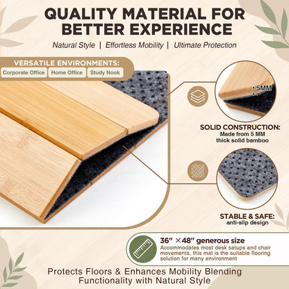 Leinuosen 36" x 48" Office Bamboo Chairmat for Carpet Floor Mat Highly Premium Quality Anti-Slip Office & Home Floor Protector Low Pile Carpet Chair Mat, 5mm Thick(Without Lip,Wood)