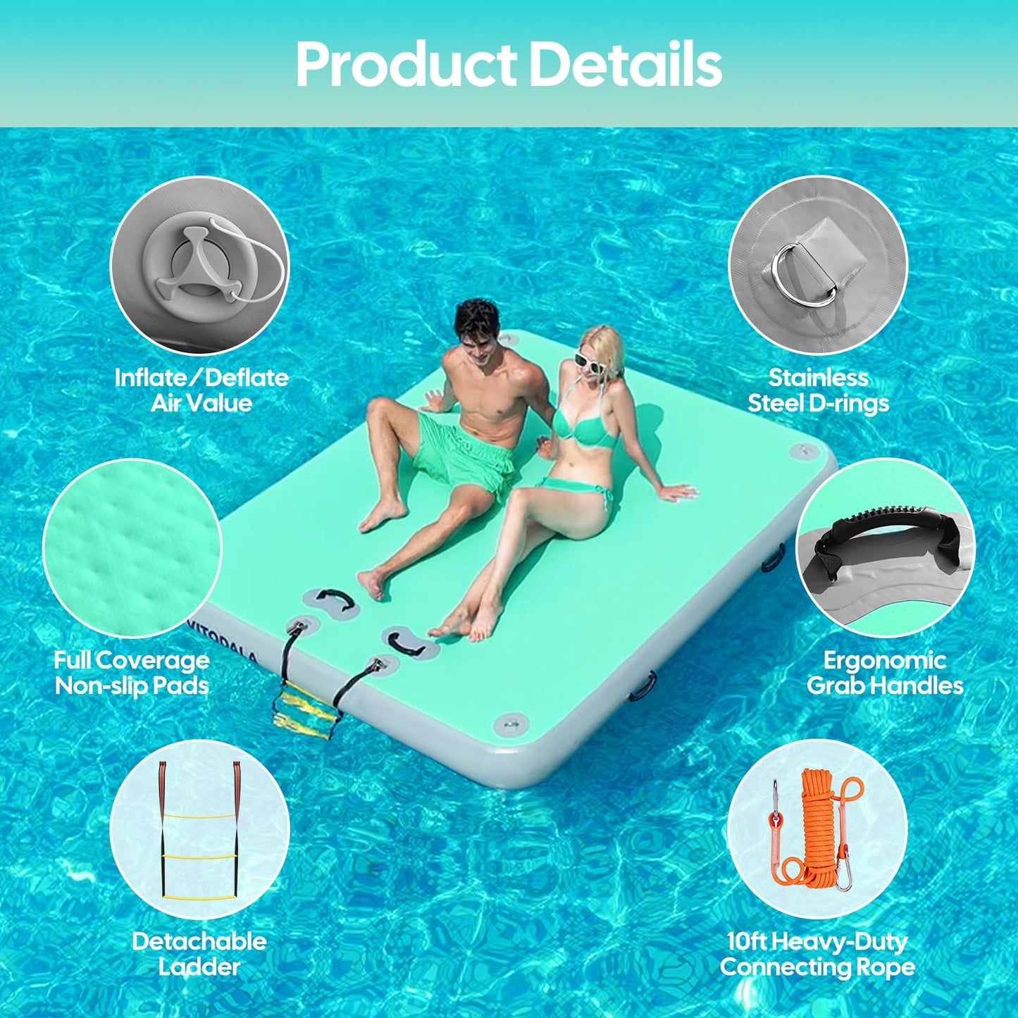 Inflatable Floating Dock, Water Island Float Raft Mat with Non-Slip Surface, 10FT Air Deck Platform, 6 Inch Thick for Pool, Lake, River, Beach, Ocean (Mint Green)