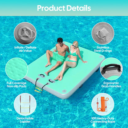Inflatable Floating Dock, Water Island Float Raft Mat with Non-Slip Surface, 10FT Air Deck Platform, 6 Inch Thick for Pool, Lake, River, Beach, Ocean (Mint Green)