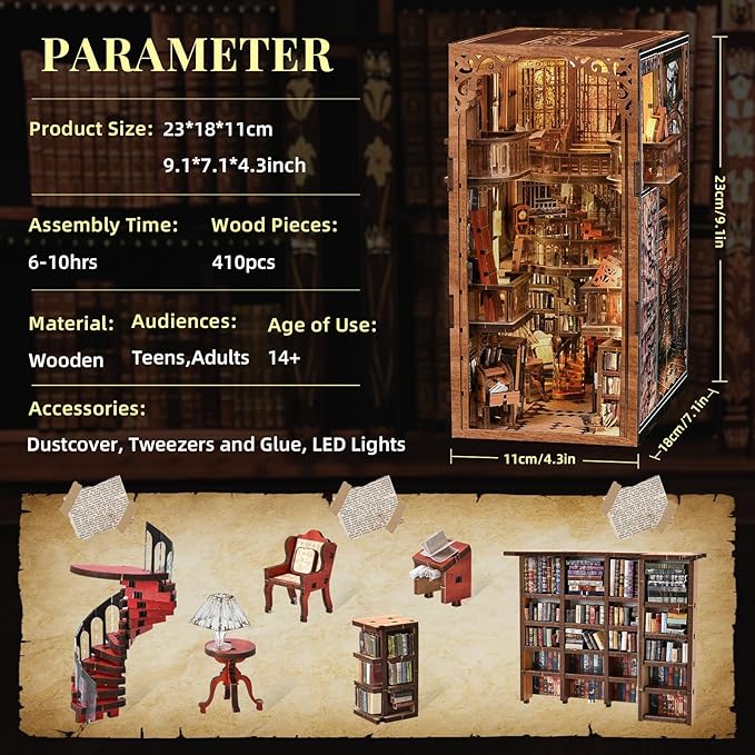 DIY Book Nook Kit - 3D Miniature Wooden Scene with LED Lights Dustcover &amp Tools for Shelf Decor (Abbey Library)