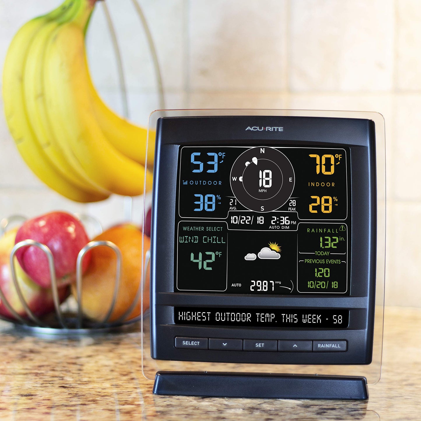 AcuRite Iris (5-in-1) Wireless Weather Station with Solar Power Pack for Indoor and Outdoor Temperature, Humidity, Wind Speed and Direction, and Rainfall with Dark-Themed Digital Display (01517RM)