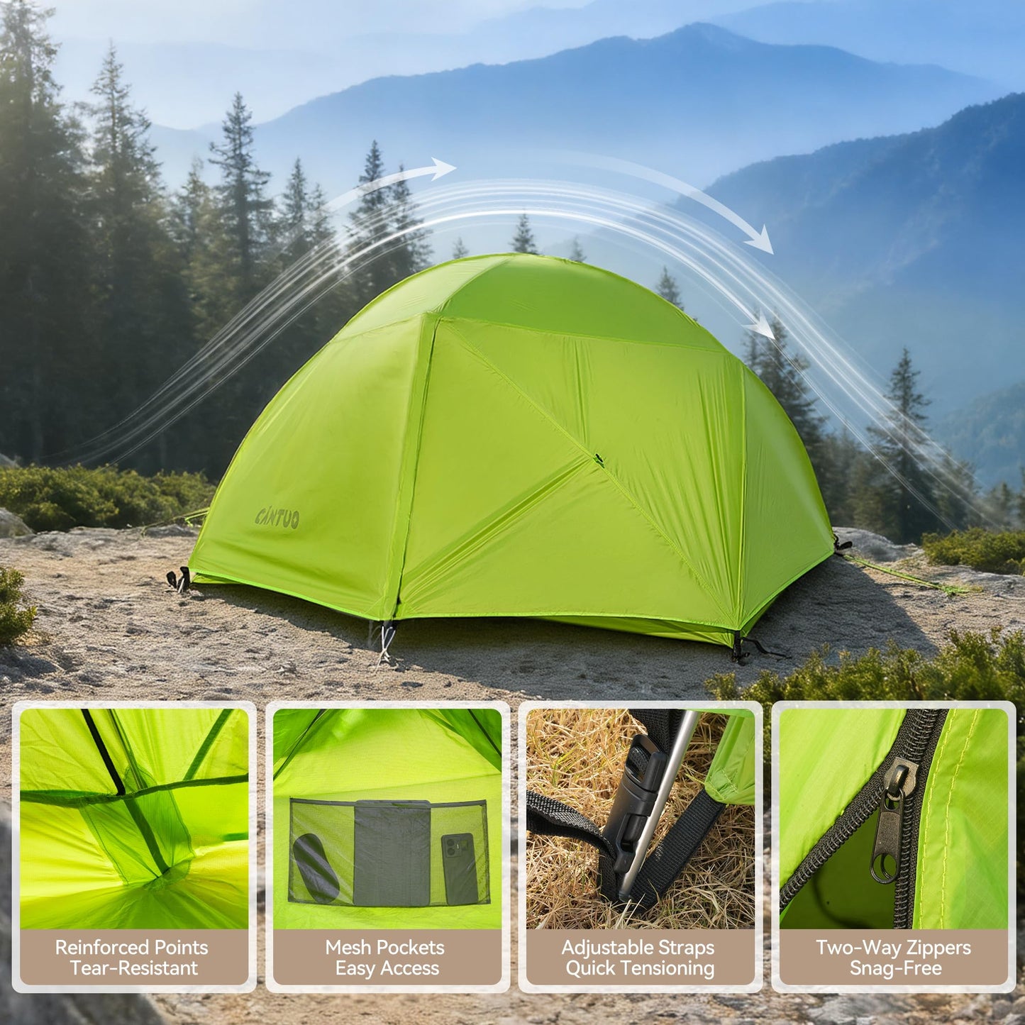 CANTUO Ultralight Camping Backpacking Tent 2 Person - Windproof & Waterproof PU5000mm 20D Nylon Tents for Camping, Hiking, Bikepacking