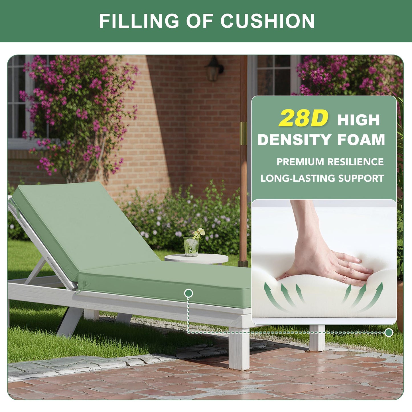 Summsun Chaise Lounge Cushions Outdoor Set of 4 - Waterproof and Fade Resistant Sun Lounger Replacement Cushions - Patio Lounger Pads with Removable Cover for Pool, Deck, 80 x 26 x 3 Inch, Sage Green