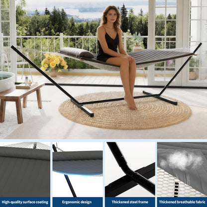 Garvee 2 Person Portable Double Hammock for Outdoor with Pillow, Heavy Duty Portable Hammock with Adjustable Steel Stand for Patio, Garden, Beach, Backyard