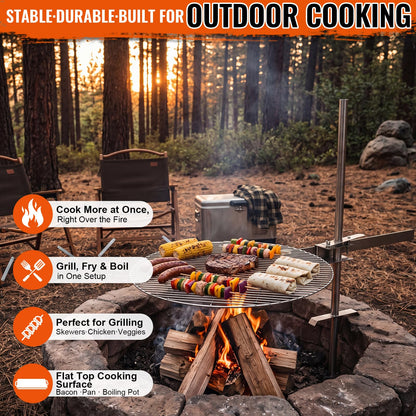 Ferrochef 24" Fire Pit Campfire Grill Grate, 24" Foldable Open Fire Cooking Grill Grate Portable Stainless Steel Camping Cooking Barbecue Rack Heavy-duty, Easy Setup & Adjustable Height for Outdoor